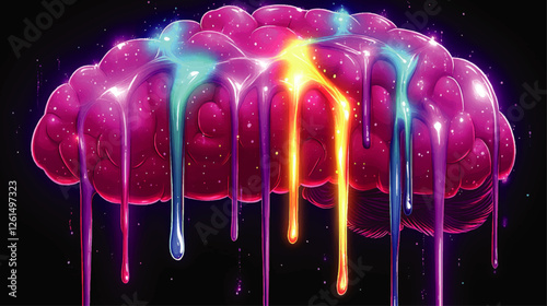 Vibrant Neon Brain Art with Dripping Paint Effect - Colorful Cosmic Neural Vector Design - Abstract Glowing Futuristic Visuals in Psychedelic Universe