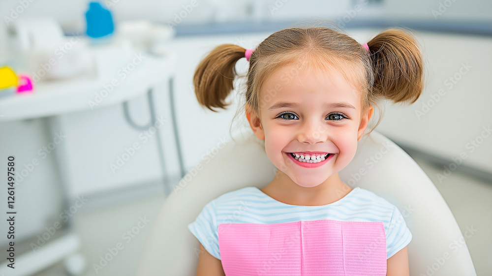 A smiling caucasian girl with pigtails sits in a dental chair wearing a pink bib. Concept of pediatric oral care and gentle patient experience. A smiling caucasian girl with pigtails sits in a dental chair wearing a pink bib. Concept of pediatric oral care and gentle patient experience.
