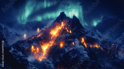 Surreal Volcanic Eruption Landscape with Glowing Figures and Aurora Borealis Vector Art - Stunning Nature Fantasy and Night Sky Elements