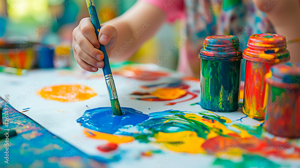 A happy child experiments with colorful paints in an informal classroom setting. Concept of creative freedom and fun learning activities. A happy child experiments with colorful paints in an informal classroom setting. Concept of creative freedom and fun learning activities.