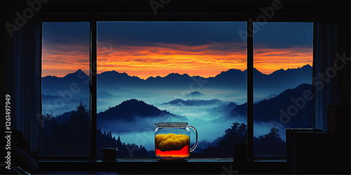 Breathtaking Mountain Landscape at Sunrise with Chrysanthemum Tea on Window Sill – Vector Art of Scenic Misty Valleys and Vibrant Horizon for Tranquil Mornings