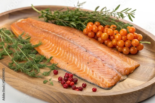 Flaky Arctic char fillet on a wooden plate with a sprinkle of fresh herbs and a side of cloudberries, nutritious food, appetizer, entree, fish photo