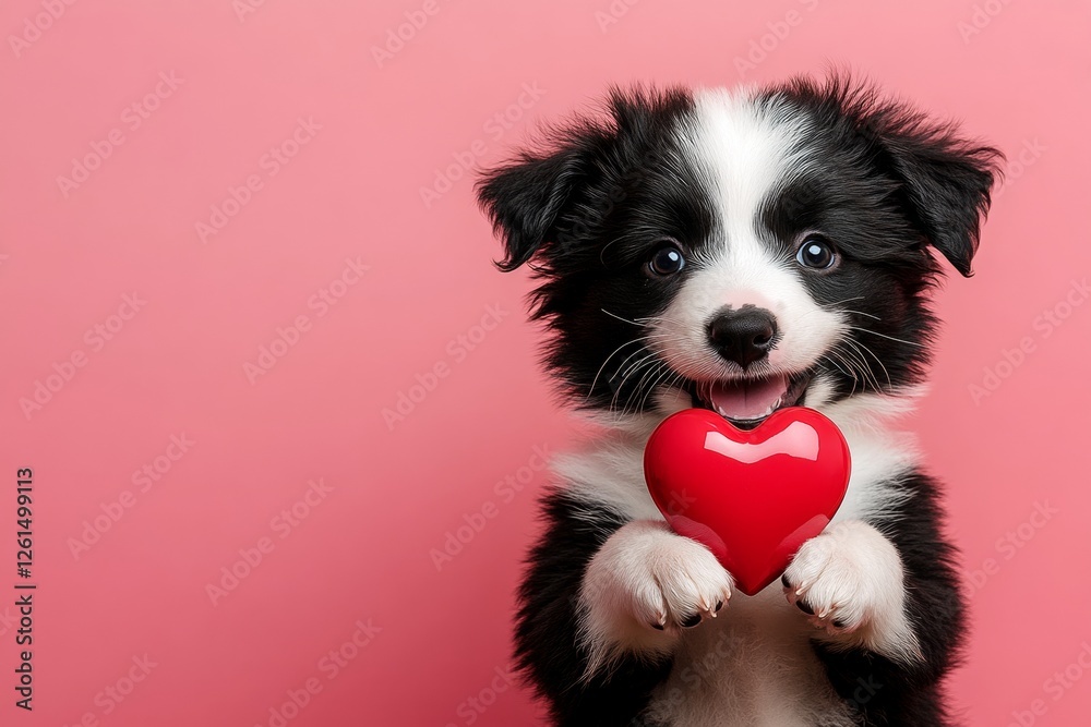 Cute border collie hound with diamond red heart - emblem of love, funny greeting card. Marketing concept visual design idea. Border collie - my desired dog. February 14 dog themes. Red heart. Cute border collie hound with diamond red heart - emblem of love, funny greeting card. Marketing concept visual design idea. Border collie - my desired dog. February 14 dog themes. Red heart.