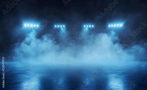 Ethereal blue spotlight illumination over sleek, reflective surface, veiled in atmospheric mist, creating a captivating and dramatic ambiance