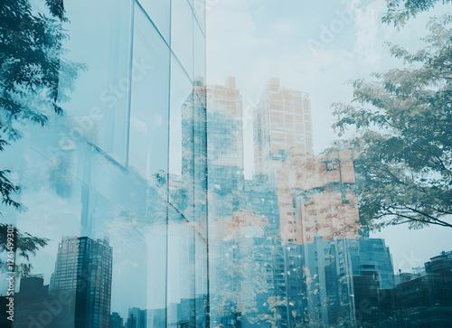 Ethereal urban blend, Reflections of cityscapes and nature's embrace in delicate double exposure capturing tranquil skyward views photo