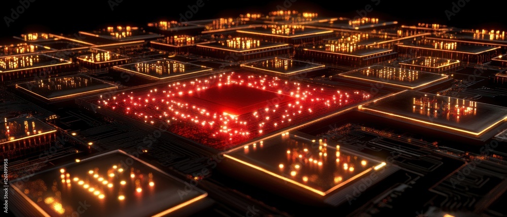 Fototapeta premium Illuminated Circuitry: A Digital Landscape of Glowing Processors