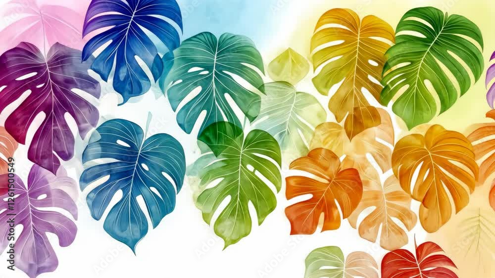 Colorful tropical leaves create a vibrant and lively composition in a watercolor style suitable for decor or art projects