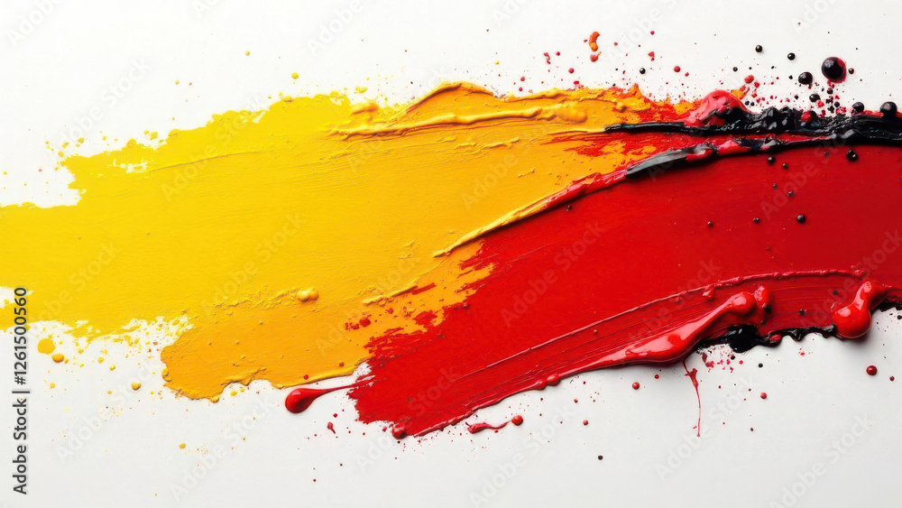 Bright yellow red and black paint strokes blend and swirl across a white surface. The vibrant colors showcase an artistic expression highlighting texture and creativity.