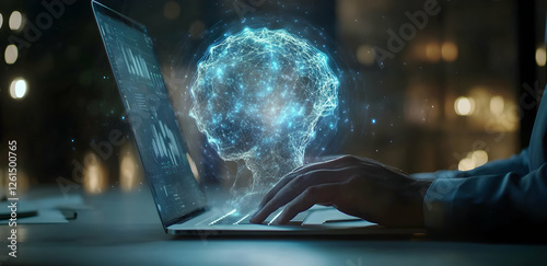 Harnessing artificial intelligence for data analysis insights, showcasing human computer interaction and cognitive technology advancement concept