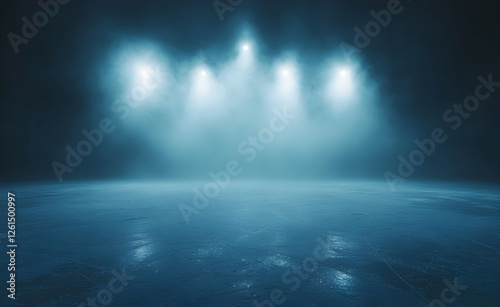 Illuminated ice arena surface with ethereal mist and bright spotlights casting an otherworldly glow over the prepared playing surface