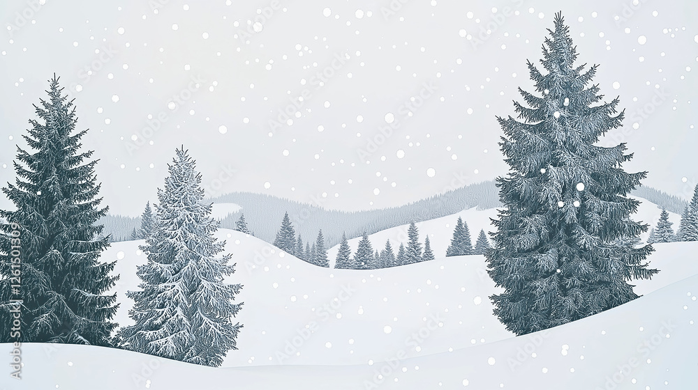 Obraz premium Scene Of Winter Snowscape, With Mountains And Trees Covered In Thick Layers Of Snow, Blue Sky With A Few White Clouds Scattered Around, Snowflakes Are Falling On The Surface