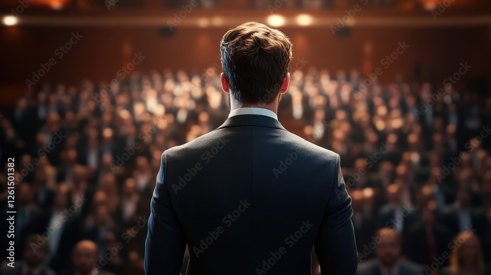 Man in suit addressing a large audience. Ideal for business, leadership, and conference concepts. Man in suit addressing a large audience. Ideal for business, leadership, and conference concepts.