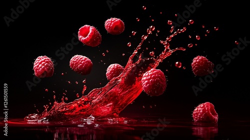 A vibrant splash of raspberry juice with whole raspberries suspended in mid-air on a black background