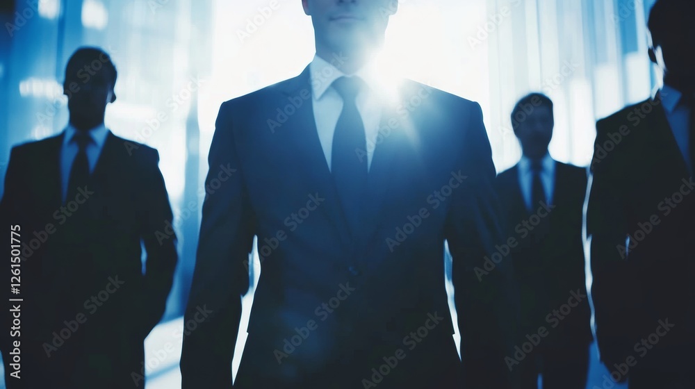 Fototapeta premium Business professionals in formal attire walk confidently in an urban setting during the early evening light