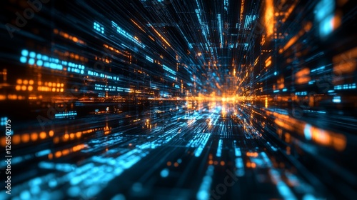 Visual representation of digital data flow in vibrant blue and orange tones, resembling high-speed internet connections and information transfer