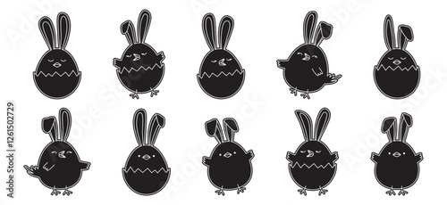 Easter chick with ears bunny, chicken eggs shell cute rabbit doodle, cartoon character black icon, Easter egg hunt, animal sticker isolated on white background. Holiday vector illustration