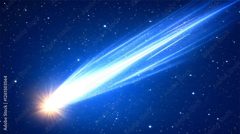 Obraz premium A bright comet streaks across a dark blue night sky, its luminous tail blazing with light. Stars twinkle in the background, creating a celestial spectacle.