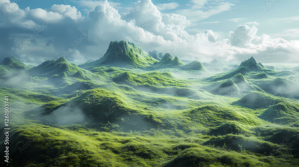 Heavenly greens. serene landscape concept. Golem-Forged Landscapes. Illustration