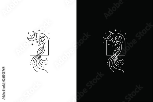 Beautiful peacock logo decorated with crescent moon and stars in line art design style