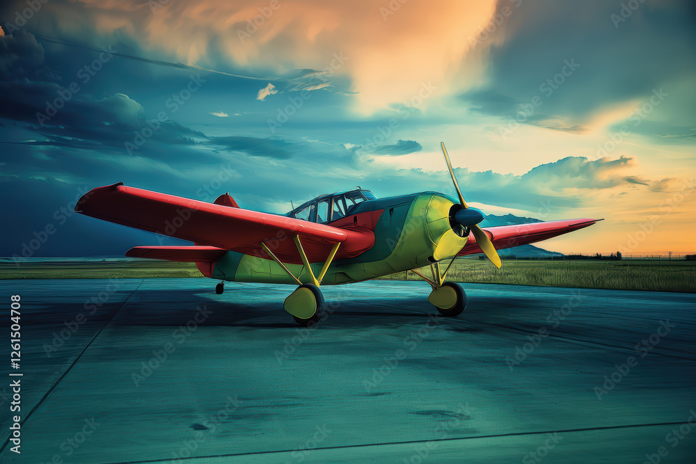 vintage propeller airplane on runway at sunset, classic aviation scene