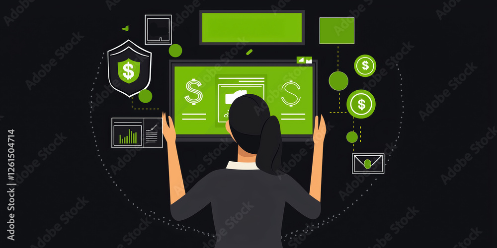 woman managing digital finances on a futuristic screen, online banking concept