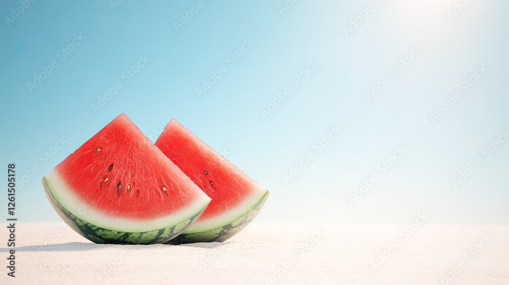 Freshly cut watermelon slices resting on a sandy surface under a clear blue sky, evoking summer vibes Freshly cut watermelon slices resting on a sandy surface under a clear blue sky, evoking summer vibes