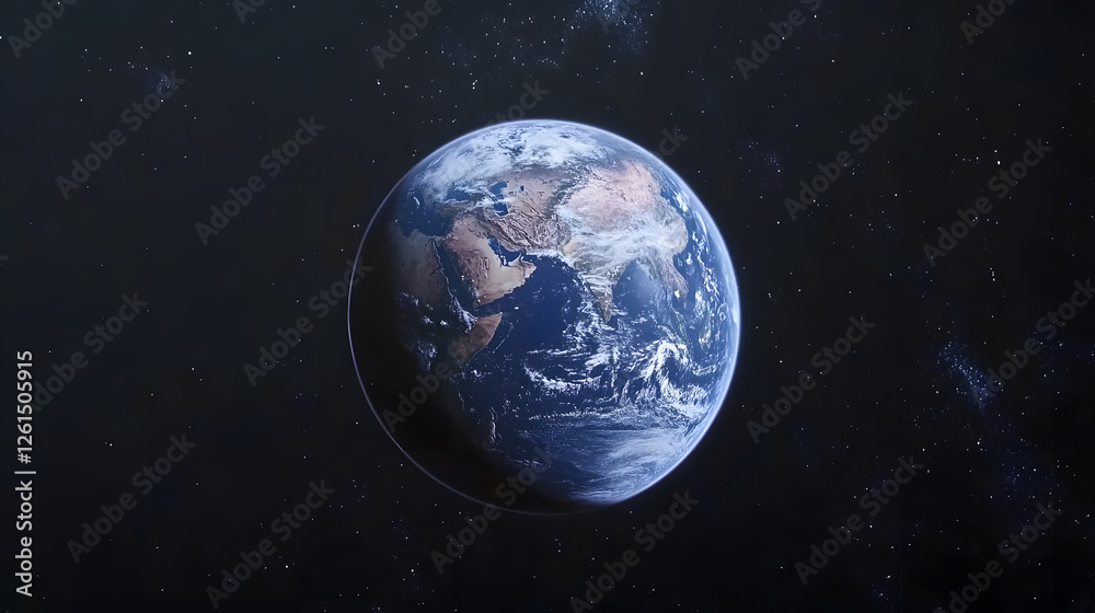 Obraz premium Stunning view of Earth from space, showcasing continents and swirling clouds against a backdrop of twinkling stars. A beautiful depiction of our planet's fragile beauty.