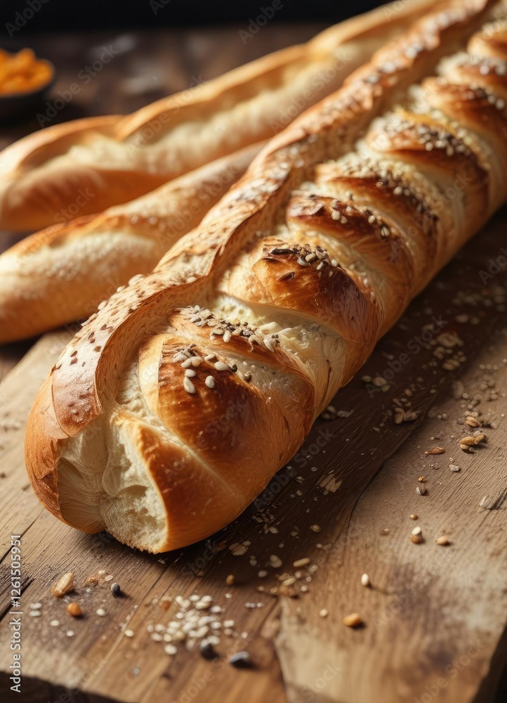 Freshly baked baguette on a wooden table with sesame seeds sprinkled on top, home, homemade, sesame seeds Freshly baked baguette on a wooden table with sesame seeds sprinkled on top, home, homemade, sesame seeds