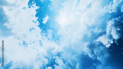 Dynamic abstract design featuring a blue sky with soft white clouds creating a heavenly atmosphere