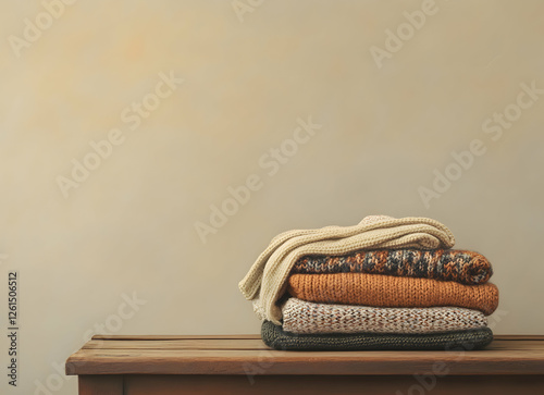 Stacked knitwear on wooden surface, conveying warmth and comfort, ideal for autumn or winter season, offering a sense of coziness and curated domesticity photo