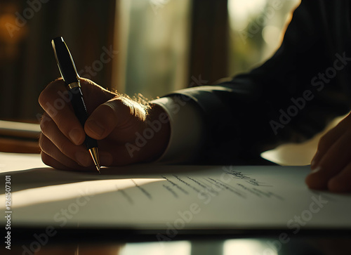 The culmination of negotiations, A poised hand finalizing agreements with an elegant pen under the soft glow of success and anticipation photo