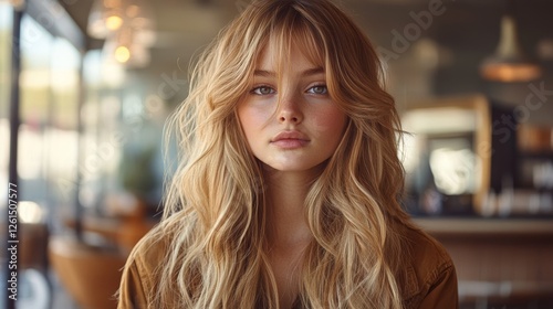 Free Download Young woman with long blonde hair poses in a cozy cafe during bright daylight - GFXLoad