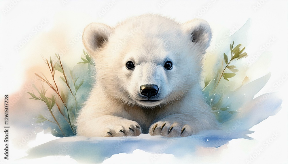 Naklejka premium Niedlicher kleiner Eisbär, weißer Hintergrund