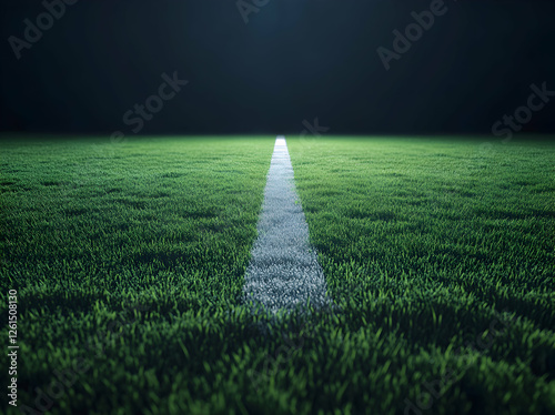 Verdant expanse, An intense perspective of a sports field, dominated by vivid grass and a crisp white sideline under focused stadium illumination