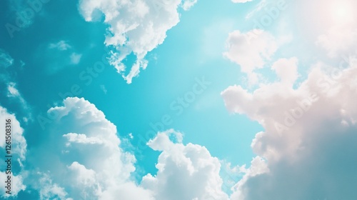 An ethereal sky with fluffy white clouds against a bright turquoise blue backdrop creates a peaceful scene