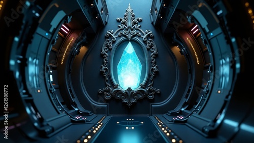 A chillingly elegant spacecraft drifts through the depths of space, adorned with intricate gothic carvings and flickering neon lights. In the center, a massive, ornate crystal glows photo