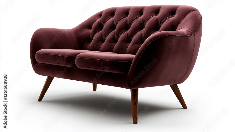 Fototapeta premium Stylish Pink Velvet Sofa With Wooden Legs Isolated on White Background