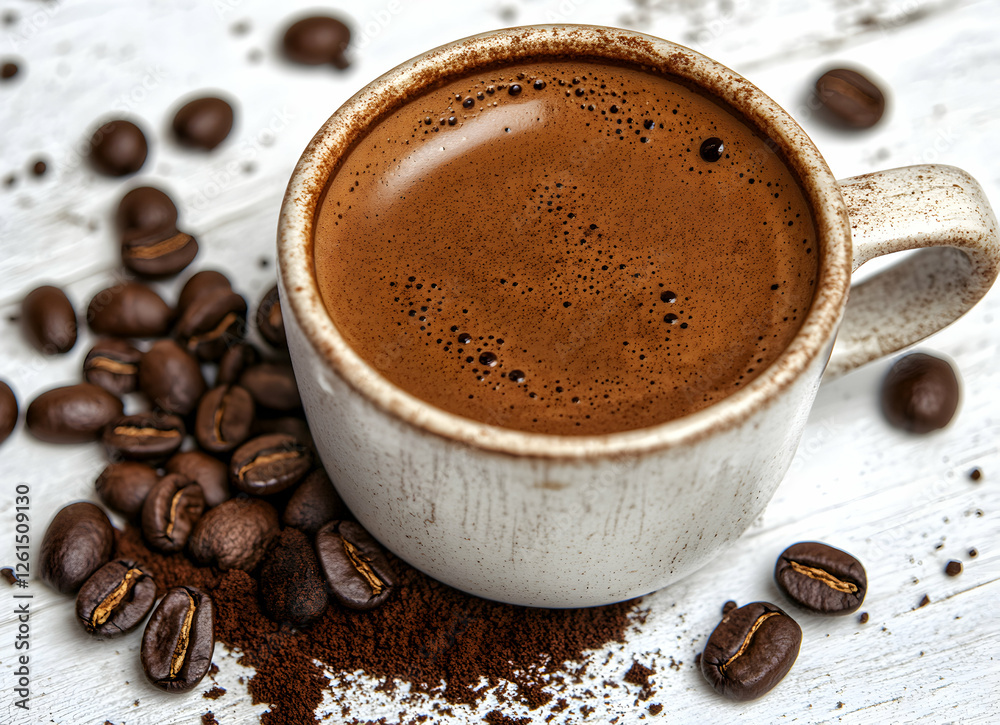 Warm brew awakening, Aromatic coffee in a rustic mug, surrounded by rich coffee beans on aged white wood surface creating a cozy ambiance Warm brew awakening, Aromatic coffee in a rustic mug, surrounded by rich coffee beans on aged white wood surface creating a cozy ambiance