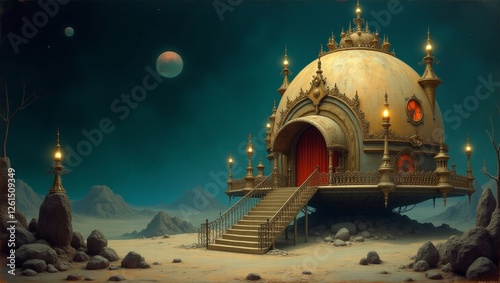 In the eerily enchanting vintage pinhole photograph, a fantastical space habitat emerges from the darkness, like an otherworldly dream brought to life. main subject image whimsical domed structure