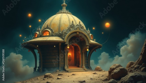 In the eerily enchanting vintage pinhole photograph, a fantastical space habitat emerges from the darkness, like an otherworldly dream brought to life. main subject image whimsical domed structure