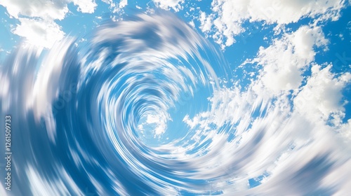 Dynamic swirling cloud vortex against a clear blue sky creating an abstract and explosive feeling