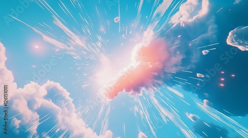 Dynamic abstract illustration featuring a powerful zoom effect with clouds and light rays