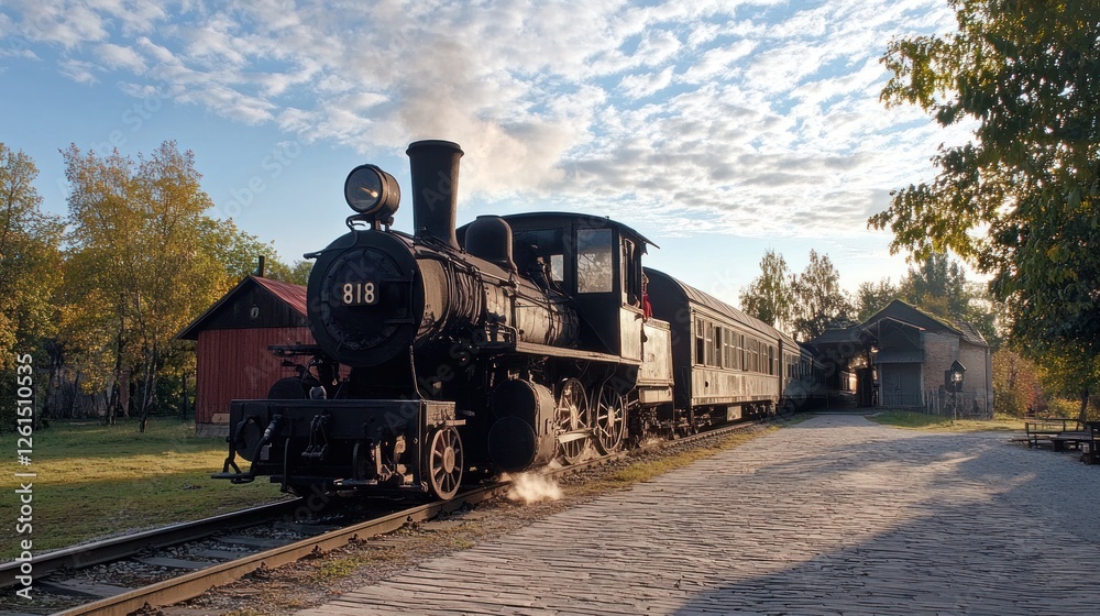 Obraz premium A vintage steam locomotive parked on tracks near a rustic station in a scenic landscape.