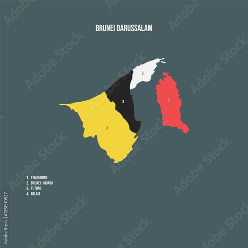 Brunei Darussalam Map with 4 Districts