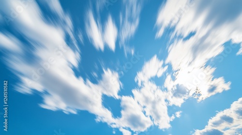 A dynamic view of clouds moving across the bright blue sky creating a sense of movement