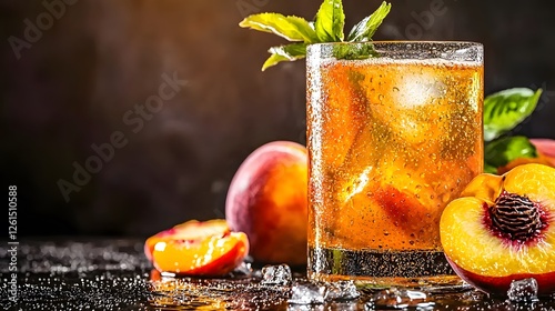 Glass of peach iced tea with a slice of peach and elderflower cooler on a wooden table in natural light