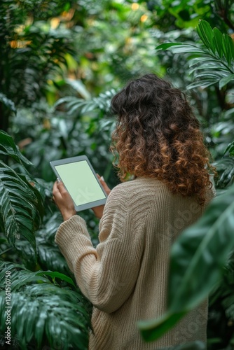 Woman with Tablet Surrounded by Tropical Foliage: Immersed in Nature, Connecting with Technology Amidst Lush Greenery and Tranquil Environment for Work or Leisure