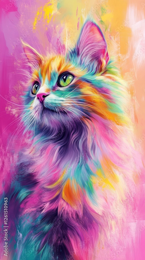 Fototapeta Psychedelic feline, rainbow of colors and brushstrokes in a modern art form