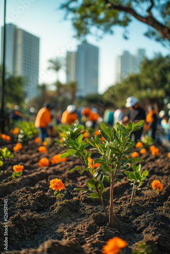 Community planting flowers to beautify the area, creating a vibrant urban garden.