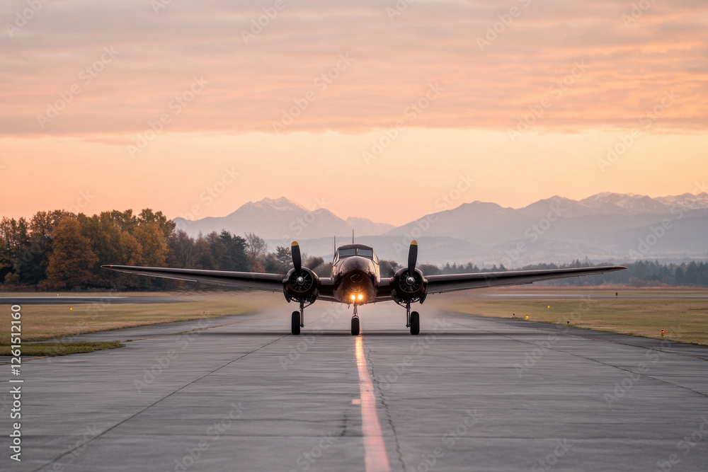 Fototapeta premium A small plane is on the runway at sunset